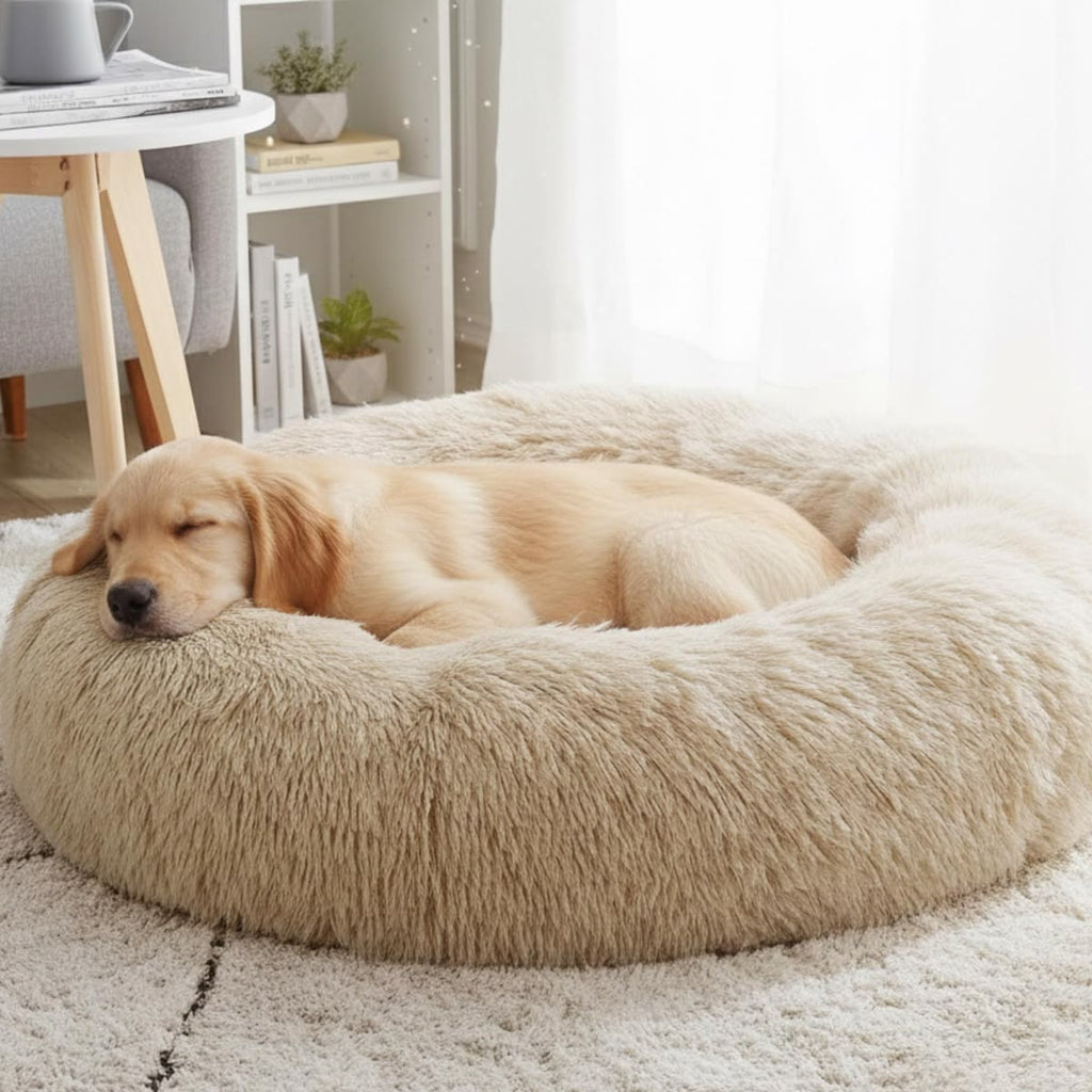 Dog sleeping on a fluffy beige pet bed in a cozy room.
